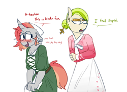 Size: 946x687 | Tagged: safe, artist:redxbacon, derpibooru import, oc, oc:golden keylime, oc:scribble snug, anthro, changeling, changeling oc, clothes, disguise, disguised changeling, duo, female, hanbok