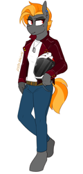 Size: 520x1080 | Tagged: safe, artist:redxbacon, derpibooru import, oc, oc only, oc:just cause, anthro, unguligrade anthro, clothes, dog tags, female, helmet, jacket, jeans, leather jacket, motorcycle helmet, pants, red eyes, short mane, smiling, smirk, solo