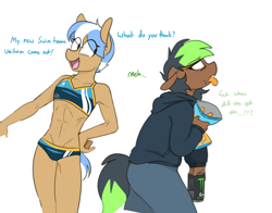 Size: 1018x797 | Tagged: safe, artist:redxbacon, derpibooru import, oc, oc only, oc:atom bit, oc:pixel bite, anthro, earth pony, abs, bikini, chips, clothes, dialogue, eating, energy drink, female, food, hoodie, monster energy, open mouth, simple background, swimsuit, vulgar, vulgar description