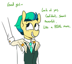 Size: 551x488 | Tagged: safe, artist:redxbacon, derpibooru import, oc, oc only, oc:apogee, oc:golden keylime, anthro, clothes, female, necktie, ring, simple background, smiling, talking, white background