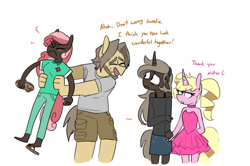 Size: 1086x719 | Tagged: safe, artist:redxbacon, derpibooru import, oc, oc only, oc:eureka, oc:parch well, oc:parte, oc:wood chip, anthro, anthro oc, father and child, father and daughter, female, flip-flops, homophobia, husband and wife, lesbian, male, mother and child, mother and daughter, parent and child