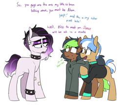 Size: 802x692 | Tagged: safe, artist:redxbacon, derpibooru import, oc, oc only, oc:atom bit, oc:black dahlia, oc:pixel bite, earth pony, pony, blank flank, clothes, collar, dialogue, eyeshadow, female, hoodie, lidded eyes, makeup, mare, nervous, simple background, smiling, sweater, white background