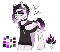 Size: 744x641 | Tagged: safe, artist:redxbacon, derpibooru import, oc, oc only, oc:black dahlia, pegasus, pony, clothes, collar, ear piercing, earring, female, jacket, jewelry, makeup, mare, piercing, reference sheet, sidecut, solo