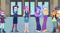 Size: 1280x720 | Tagged: safe, screencap, applejack, dean cadance, microchips, princess cadance, princess celestia, princess luna, principal abacus cinch, principal celestia, sunny flare, sunset shimmer, vice principal luna, equestria girls, friendship games