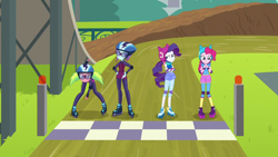 Size: 1280x720 | Tagged: safe, screencap, lemon zest, pinkie pie, rarity, sunny flare, equestria girls, friendship games, roller derby, roller skates, rollerblades, speed skating, sporty style