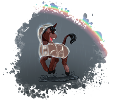 Size: 2550x2146 | Tagged: safe, artist:blackblood-queen, derpibooru import, oc, oc only, oc:moonlily, dracony, hybrid, pony, unicorn, cloven hooves, eyes closed, female, leonine tail, rain, raincoat, smiling