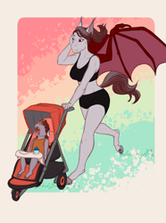 Size: 2247x3015 | Tagged: safe, artist:blackblood-queen, derpibooru import, oc, oc only, oc:pepper zest, oc:scarlet quill, anthro, bat pony, unguligrade anthro, anthro oc, baby, baby bottle, bat pony oc, clothes, drool, eyes closed, fangs, female, filly, jogging, mare, milf, mother and child, mother and daughter, offspring, one eye closed, parent and child, parent:oc:savory zest, parent:oc:scarlet quill, parents:oc x oc, parents:scarlory, sleeping, slit eyes, sports bra, sports shorts, stroller, sweat, toddler