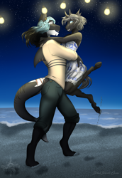 Size: 2550x3710 | Tagged: safe, artist:blackblood-queen, derpibooru import, oc, oc only, oc:imago, oc:mako, anthro, digitigrade anthro, unguligrade anthro, anthro oc, beach, clothes, couple, cricketfish, dress, female, looking at each other, male, night, oc x oc, scar, shipping, shirt, smiling, story in the source, straight