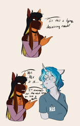 Size: 1520x2406 | Tagged: safe, artist:blackblood-queen, derpibooru import, oc, oc only, oc:bubble lee, oc:daniel dasher, anthro, dracony, hybrid, unicorn, anthro oc, clothes, comic, dialogue, female, male, mare, nurse, off shoulder, simple background, stallion