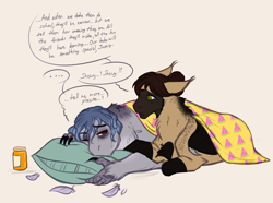 Size: 2550x1900 | Tagged: safe, artist:blackblood-queen, derpibooru import, oc, oc:casey bleu, oc:rasta jam, bat pony, hippogriff, hybrid, pegasus, pony, bat pony oc, blanket, bleujam, comforting, couple, female, husband and wife, male, mare, married couple, pregnant, sick, song birds, straight, talons, withdrawal, worried