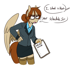 Size: 697x621 | Tagged: safe, artist:redxbacon, derpibooru import, oc, oc only, oc:red, anthro, pegasus, anthro oc, clothes, dialogue, glasses, kill yourself, open mouth, secretary, simple background, skirt, skirt suit, solo, suicidal, suit, white background