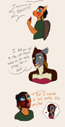 Size: 1231x2405 | Tagged: safe, artist:blackblood-queen, derpibooru import, oc, oc only, oc:daniel dasher, oc:dusk flame, anthro, dracony, hybrid, alternate universe, anthro oc, clothes, crossdressing, crying, dialogue, drag queen, dress, eyeshadow, father and child, father and son, lipstick, looking back, makeup, male, parent and child, simple background, stallion