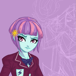 Size: 561x560 | Tagged: safe, artist:kul, sunny flare, equestria girls, alternate universe, clothes, crystal prep academy uniform, hairpin, persona, school uniform, scowl, simple background, sketch, solo, style emulation