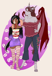 Size: 2120x3088 | Tagged: safe, artist:blackblood-queen, derpibooru import, oc, oc only, oc:caffeinated comatose, oc:scarlet quill, anthro, bat pony, unguligrade anthro, anthro oc, bare shoulders, bat pony oc, blouse, clothes, coffee, drink, ear piercing, ear pull, fangs, female, goat pony, hooves, long ears, motherly, off shoulder, piercing, scolding, shirt, stockings, sweater dress, thigh highs, zettai ryouiki