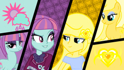 Size: 1191x670 | Tagged: safe, artist:lilmirlonlil, sunny flare, oc, oc:golden heart, equestria girls, friendship games