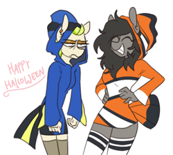 Size: 435x389 | Tagged: safe, alternate version, artist:redxbacon, derpibooru import, oc, oc only, oc:golden keylime, oc:trash, anthro, anthro oc, clothes, cosplay, costume, ear piercing, earring, eyes closed, halloween, hand on hip, holiday, hoodie, jacket, jewelry, piercing, simple background, smiling, socks, thigh highs, unamused, white background