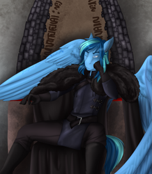 Size: 2399x2755 | Tagged: safe, artist:blackblood-queen, derpibooru import, oc, oc only, oc:umami stale, anthro, pegasus, anthro oc, clothes, commission, male, one eye closed, sitting, solo, stallion, throne