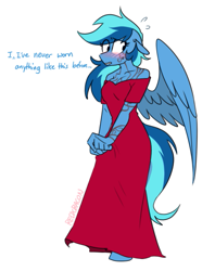 Size: 501x631 | Tagged: safe, artist:redxbacon, derpibooru import, oc, oc only, oc:uma stale, anthro, pegasus, unguligrade anthro, anthro oc, blushing, clothes, dialogue, dress, female, mare, red dress, signature, simple background, solo, speech, tattoo, text, white background