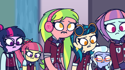 Size: 1024x576 | Tagged: safe, artist:psychodiamondstar, indigo zap, lemon zest, sci-twi, sour sweet, sugarcoat, sunny flare, twilight sparkle, series:within the shadows, equestria girls, clothes, crystal prep academy uniform, ear piercing, earring, eyeshadow, glasses, headphones, jewelry, lip bite, makeup, piercing, school uniform, shirt, skirt