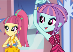 Size: 1521x1080 | Tagged: safe, screencap, sour sweet, sunny flare, dance magic, equestria girls, spoiler:eqg specials, armpits, arms in the air, crystal prep shadowbolts, duo, duo female, female, freckles, ponytail, sleeveless, smiling