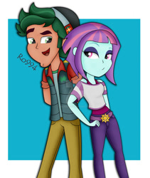 Size: 822x973 | Tagged: safe, artist:ro994, sunny flare, timber spruce, better together, equestria girls, clothes, female, looking at each other, male, pants, shipping, smiling, straight, timberflare