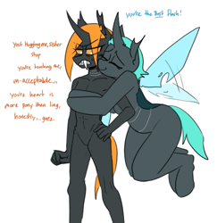 Size: 547x563 | Tagged: safe, artist:redxbacon, derpibooru import, oc, oc only, oc:flash, oc:flicker (redxbacon), oc:scribble snug, anthro, changeling, blue changeling, changeling oc, duo, female, hug, orange changeling, plump, tsundere