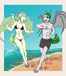 Size: 2550x2908 | Tagged: safe, artist:blackblood-queen, derpibooru import, oc, oc only, oc:olive gale, oc:rabid, anthro, bat pony, unguligrade anthro, anthro oc, bat pony oc, bikini, clothes, couple, female, male, oc x oc, olid, partial nudity, shipping, straight, swimming trunks, swimsuit, topless