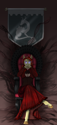 Size: 1867x4058 | Tagged: safe, artist:blackblood-queen, derpibooru import, oc, oc only, oc:carnelian clout, anthro, crystal pony, unguligrade anthro, anthro oc, chair, clothes, commission, crossed legs, female, glowing eyes, intimidating, mare, solo