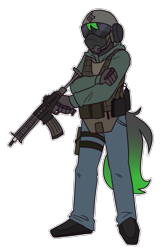 Size: 669x1017 | Tagged: safe, artist:redxbacon, derpibooru import, oc, oc:gryph xander, anthro, armor, clothes, cosplay, costume, gradient mane, gradient tail, gun, helmet, holster, jeans, male, pants, rainbow six siege, rifle, shoes, solo, stallion, weapon