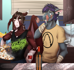 Size: 2550x2407 | Tagged: safe, artist:blackblood-queen, derpibooru import, oc, oc only, oc:lafayette roseheart, oc:orpheus, anthro, bat pony, unguligrade anthro, alcohol, anthro oc, bat pony oc, borderlands, clothes, cooking, fangs, glass, guards of the heart, male, scar, shirt, slit eyes, stallion, story in the source, wine, wine bottle, wine glass