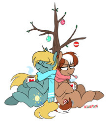 Size: 600x676 | Tagged: safe, artist:redxbacon, derpibooru import, oc, oc only, oc:roulette, oc:sunny hymn, earth pony, pegasus, pony, christmas, christmas decoration, christmas tree, clothes, cute, holiday, hot coco, mug, scarf, sick, simple background, sitting, smiling, thermometer, tree