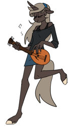 Size: 342x599 | Tagged: safe, artist:redxbacon, derpibooru import, oc, oc only, oc:parch well, anthro, unguligrade anthro, unicorn, anthro oc, clothes, denim skirt, eyes closed, female, mare, miniskirt, music notes, musical instrument, simple background, skirt, smiling, solo, white background