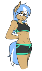 Size: 315x525 | Tagged: safe, artist:redxbacon, derpibooru import, oc, oc only, oc:atom bit, anthro, earth pony, abs, anthro oc, breasts, clothes, female, lidded eyes, midriff, shorts, simple background, smiling, solo, sports bra, sports shorts, white background