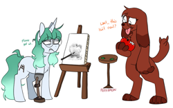 Size: 1069x671 | Tagged: safe, artist:redxbacon, derpibooru import, oc, oc:chalk, oc:izel stand, diamond dog, pony, unicorn, amputee, annoyed, apple, canvas, commission, dialogue, female, female diamond dog, food, mare, prosthetic limb, prosthetics