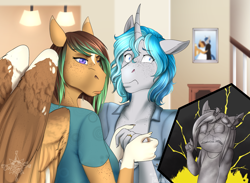 Size: 2671x1956 | Tagged: safe, artist:blackblood-queen, derpibooru import, oc, oc only, oc:bubble lee, oc:kiwi breeze, oc:mako, oc:silver lining, anthro, orca pony, original species, pegasus, unicorn, anthro oc, clothes, digital art, female, freckles, makolee, male, mare, mother and child, mother and daughter, parent and child, photo, shipping, stallion, story in the source, straight