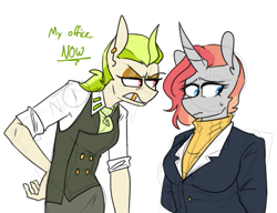 Size: 591x455 | Tagged: safe, artist:redxbacon, derpibooru import, oc, oc:golden keylime, oc:scribble snug, anthro, angry, anthro oc, clothes, female, mare, necktie, rolled up sleeves, vest