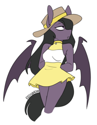 Size: 586x754 | Tagged: safe, artist:redxbacon, derpibooru import, oc, oc only, anthro, bat pony, anthro oc, arm behind back, bat pony oc, clothes, female, hat, solo, summer dress, sun hat