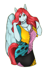 Size: 892x1332 | Tagged: safe, artist:blackblood-queen, derpibooru import, oc, oc only, oc:firelight, anthro, pegasus, anthro oc, bodypaint, clothes, commission, costume, dyed mane, female, gift art, halloween, halloween costume, heterochromia, holiday, makeup, mare, nightmare night costume, sally, simple background, smiling, the nightmare before christmas, transparent background