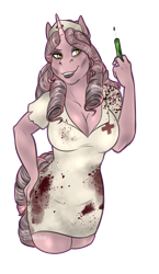 Size: 856x1479 | Tagged: safe, artist:blackblood-queen, derpibooru import, oc, oc only, oc:candlewick, anthro, unicorn, anthro oc, big breasts, breasts, cleavage, clothes, commission, costume, digital art, fake blood, female, halloween, halloween costume, makeup, nightmare night costume, nurse, nurse outfit, signature, simple background, smiling, solo, syringe, transparent background