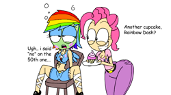 Size: 864x480 | Tagged: safe, artist:montatora, artist:montatora-501, pinkie pie, rainbow dash, breasts, cleavage, cupcake, female, food, humanized, pinkie pies, pinkie thighs, rainboob dash, sick, thunder thighs, wide hips