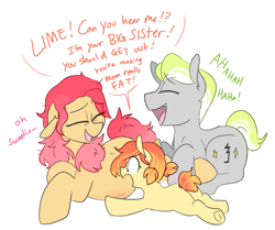 Size: 1161x971 | Tagged: safe, artist:redxbacon, derpibooru import, oc, oc only, oc:crotchet beat, oc:golden eight, oc:sunny lane, oc:trash, pony, cute, family, father and child, father and daughter, female, filly, laughing, male, mare, mother and child, mother and daughter, parent and child, pregnant, stallion, younger