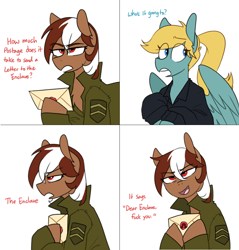 Size: 904x946 | Tagged: safe, artist:redxbacon, derpibooru import, oc, oc only, oc:roulette, oc:sunny hymn, earth pony, pegasus, pony, fallout equestria, clothes, comic, dialogue, enclave, female, hoof hold, jacket, letter, mail, mare, meme, parks and recreation, ponytail, ron swanson