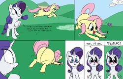 Size: 1024x658 | Tagged: safe, artist:ross irving, fluttershy, rarity, butterfly, pegasus, pony, unicorn, colored sketch, female, flarity, impossibly large butt, lesbian, looking at her butt, plot, shipping, the ass was fat