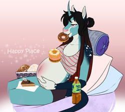 Size: 1070x961 | Tagged: safe, artist:blackblood-queen, derpibooru import, oc, oc only, oc:annie belle, anthro, dracony, hybrid, unguligrade anthro, unicorn, anthro oc, belly, big belly, cake, clothes, curved horn, donut, female, food, horn, ice cream, mare, mouth hold, pillow, pregnant, smiling, solo, tanktop, tea