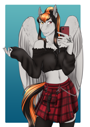 Size: 1425x2012 | Tagged: safe, artist:blackblood-queen, derpibooru import, oc, oc:cannon car, anthro, pegasus, unguligrade anthro, anthro oc, cellphone, clothes, commission, digital art, eye scar, female, heterochromia, phone, plaid skirt, scar, smiling, solo