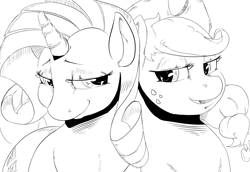 Size: 1000x687 | Tagged: safe, artist:sirmasterdufel, applejack, rarity, earth pony, pony, unicorn, female, lesbian, monochrome, rarijack, shipping