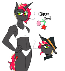 Size: 584x638 | Tagged: safe, artist:redxbacon, derpibooru import, oc, oc only, oc:cherry bomb, anthro, unicorn, armpits, bra, clothes, crop top bra, female, panties, underwear, white underwear