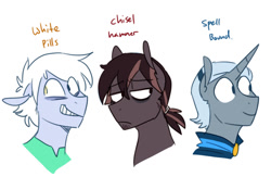 Size: 935x610 | Tagged: safe, artist:redxbacon, derpibooru import, oc, oc only, oc:chisel hammer, oc:spell bound, oc:white pills, earth pony, pony, unicorn, crazy face, faic, male, rule 63