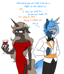 Size: 656x761 | Tagged: safe, artist:redxbacon, derpibooru import, oc, oc only, oc:parch well, oc:pillow talk, anthro, unicorn, annoyed, anthro oc, clothes, dress, female, glass, mare, wine glass