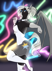 Size: 1174x1603 | Tagged: safe, artist:blackblood-queen, derpibooru import, oc, oc only, oc:victor bates, anthro, bat pony, unguligrade anthro, armpits, bat pony oc, bat wings, clothes, cool world, digital art, eyeshadow, fangs, female, holli would, lipstick, makeup, mare, one eye closed, rule 63, smiling, wings, wink